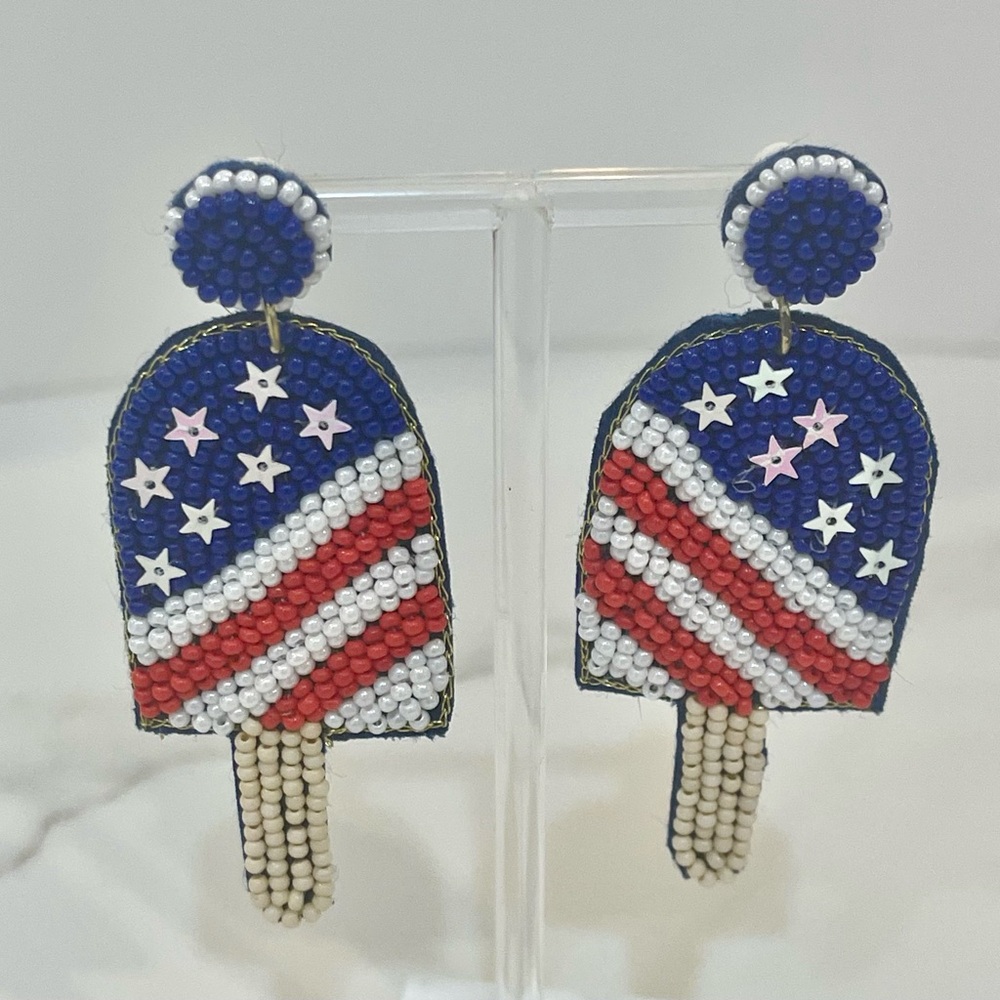 American Flag Popsicle Seed Bead Earrings